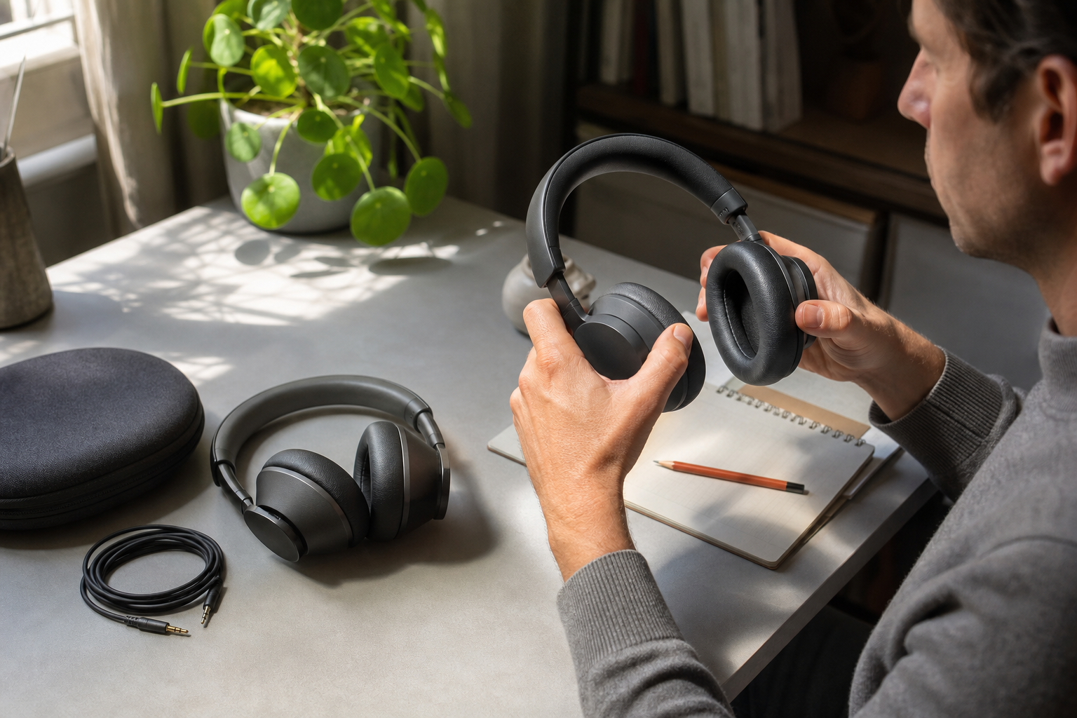 Man vergelijkt twee antraciete over-ear koptelefoons aan een bureau bij daglicht