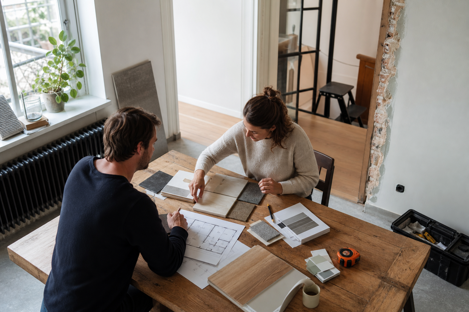 Twee bewoners vergelijken materiaalstalen en een plattegrond aan tafel tijdens een verbouwing